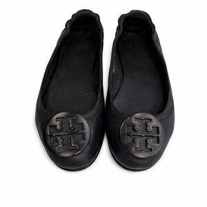 Tory Burch Reva Ballet Flats Black Leather Logo Medallion Size 36